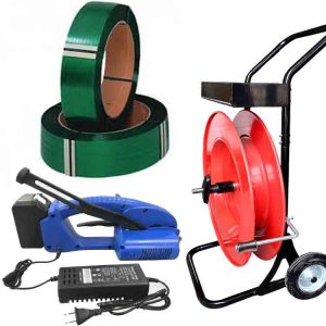 Kit de cerclage de palettes JET 12-16 mm PET/PP avec batterie, chargeur, feuillard PET 12 mm, chariot-dérouleur