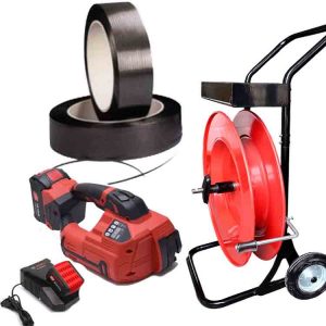 Kit de cerclage polypropylène TITAN 10-16 mm PET/PP avec batterie, chargeur, feuillard PP 12 mm, chariot-dévidoir