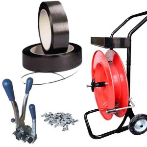 Kit de cerclage poly PPST13 avec feuillard PP 12 mm, chapes, chariot-dérouleur