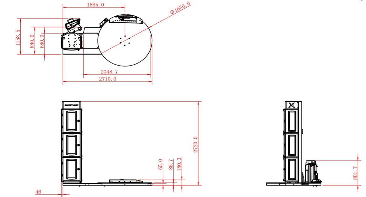 Plan au sol de la filmeuse à plateau tournant automatique SMARTWRAP X10 3000kg