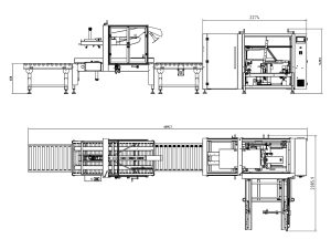 Schéma d’implantation de la ligne LINEBOX-03 : formeuse de cartons, convoyeur à rouleaux et scotcheuse carton en enfilade