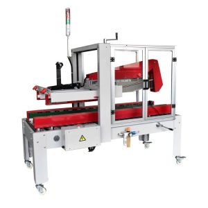 Scotcheuse carton automatique RUBBER avec dispositif de rabattage rouge sous carter transparent
