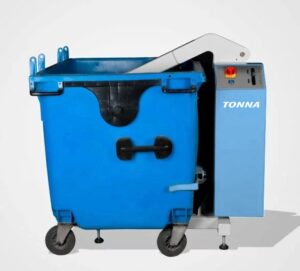 Tasseur de bac TONNA1100 avec conteneur roulant de 1100 litres sur sa plateforme